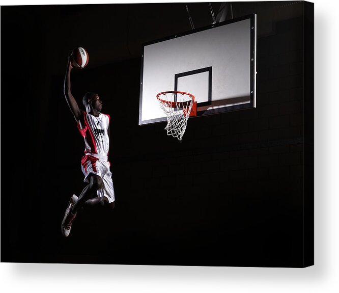 Human Arm Acrylic Print featuring the photograph Young Man In The Air About To Dunk The by Compassionate Eye Foundation/steve Coleman/ojo Images Ltd