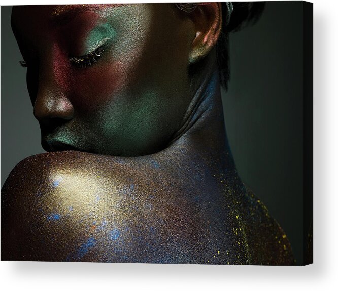 Shadow Acrylic Print featuring the photograph Young Woman Covered In Metallic Make Up by Image Source