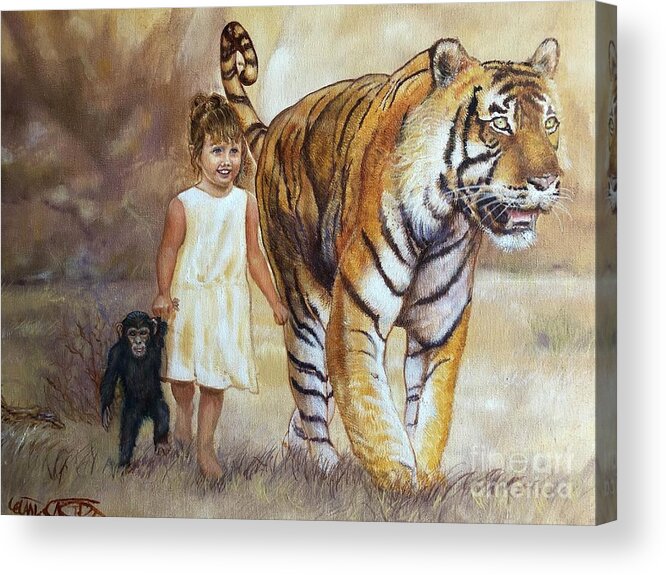 Oil Painting Acrylic Print featuring the painting Zaiden, Lexi and Dylan Morning Stroll by Leland Castro