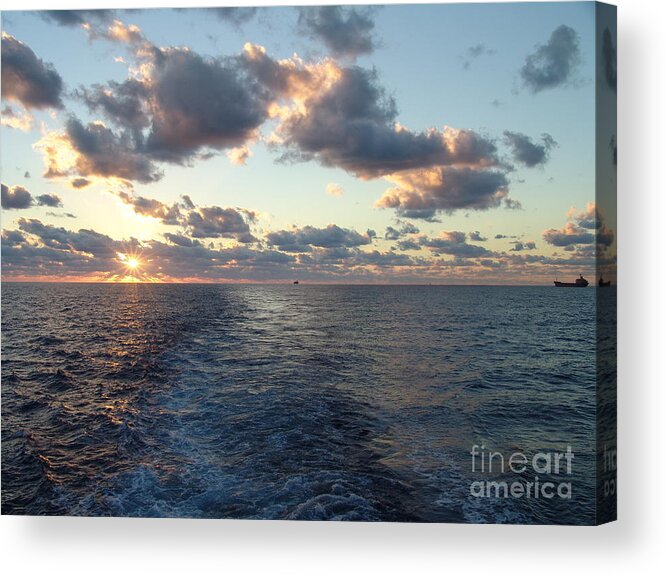 #gulfofmexico #underway #highseas #evening #dusk #sunset #nightfall #clouds #cloudy #tealskies #peachskies #wake #sprucewoodstudios Acrylic Print featuring the photograph Trails in the Sea by Charles Vice
