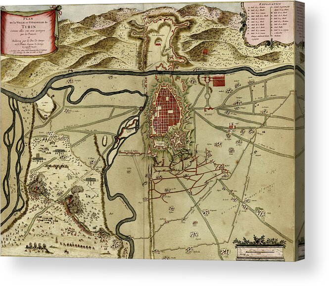 Maps Acrylic Print featuring the drawing Turin or Torino and Its Envisons 1700 #1 by Vintage Maps