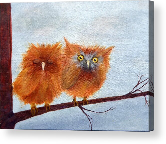 Baby Owls Acrylic Print featuring the painting ZzzzWhat? by Deborah Naves