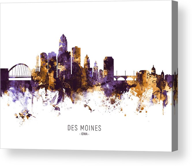 Des Moines Acrylic Print featuring the digital art Des Moines Iowa Skyline #13 by Michael Tompsett