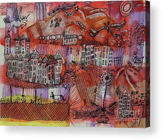 Houses Acrylic Print featuring the mixed media 2 Dragons and a Unicorn by Mimulux Patricia No