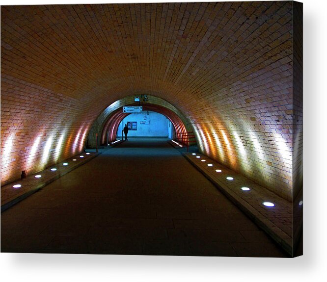 Salford Central Acrylic Print featuring the photograph 23-11-12 SALFORD CENTRAL. Passenger Underpass. by Lachlan Main