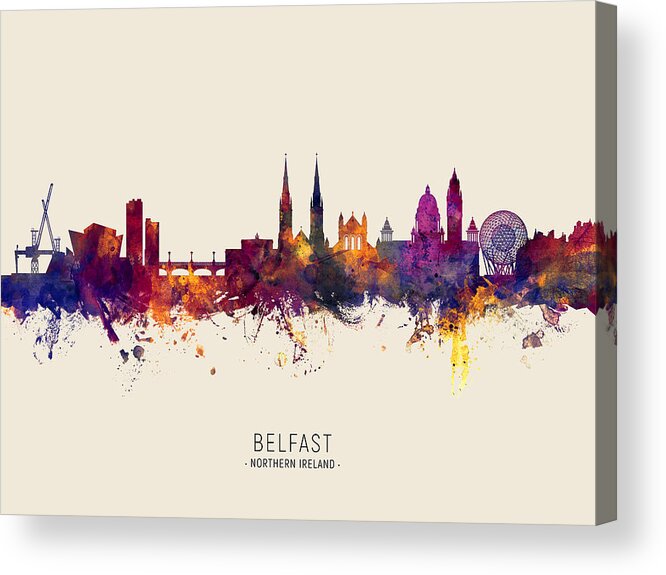 Belfast Acrylic Print featuring the digital art Belfast Northern Ireland Skyline #33 by Michael Tompsett