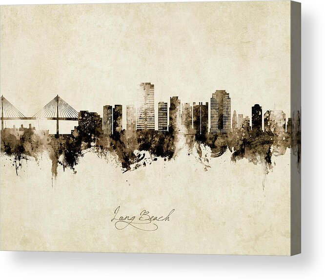 Long Beach Acrylic Print featuring the digital art Long Beach California Skyline #9 by Michael Tompsett