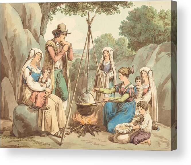 A Acrylic Print featuring the drawing A Peasant Family Cooking Over A Campfire art by Bartolomeo Pinelli Italian