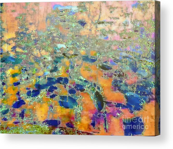 Glowing Sunset Reflected Over The Lily Pond Acrylic Print featuring the painting A Reflection of Sunset over the Lily Pond by Bonnie Marie