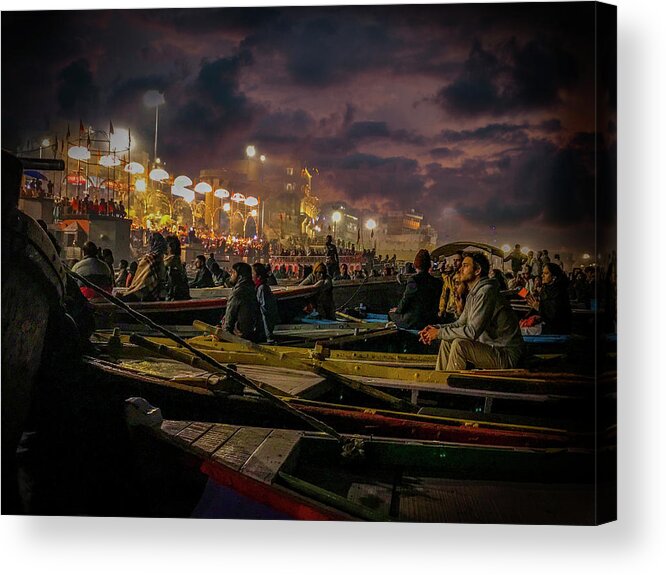 Varanasi Acrylic Print featuring the photograph Aarti along the Ganges in Varanasi by Christine Ley
