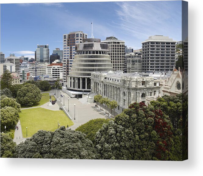 Apartment Acrylic Print featuring the photograph Aerial view of The Beehive and NZ Parliament House by Lewis Mulatero
