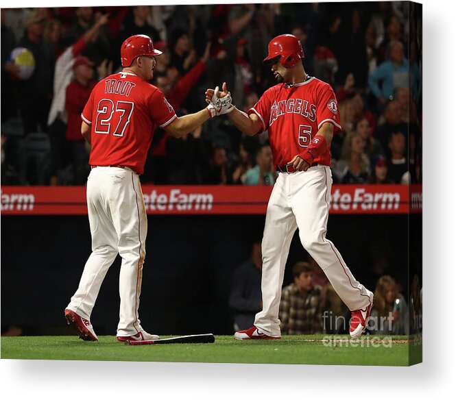 People Acrylic Print featuring the photograph Albert Pujols, Andrelton Simmons, and Mike Trout by Victor Decolongon