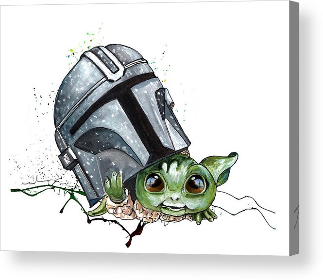 Watercolour Acrylic Print featuring the painting Baby Yoda Helmet Peeking by Miki De Goodaboom