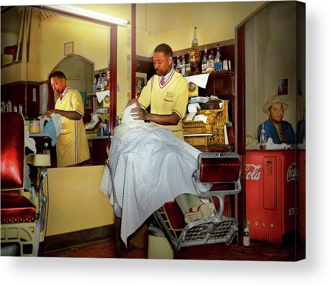 Barber Art Acrylic Print featuring the photograph Barber - Hot Towel Treatment 1942 by Mike Savad