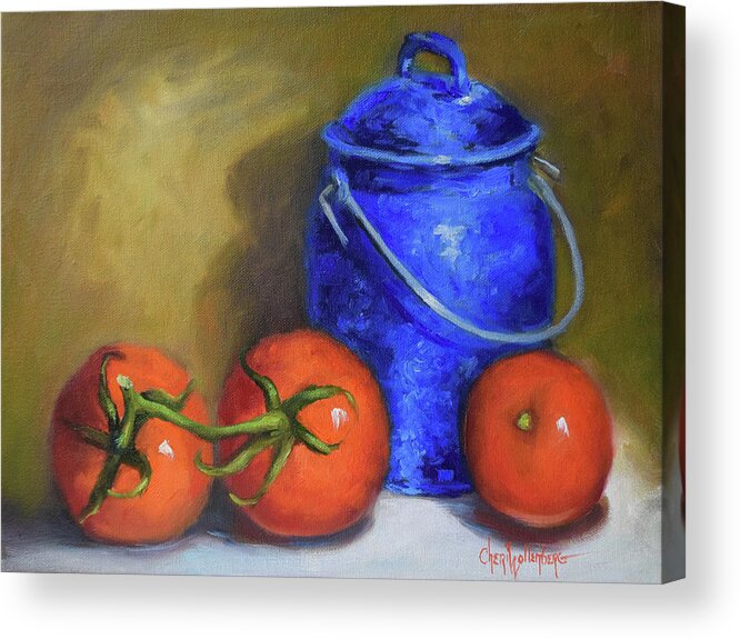 Blue Enamelware Acrylic Print featuring the painting Blue Enamelware Container And Bright Red Garden Tomatoes by Cheri Wollenberg