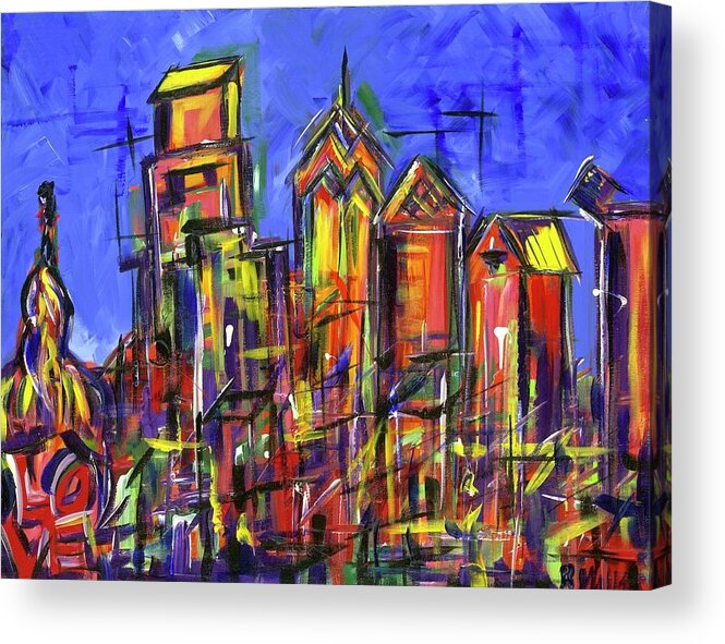 Philly Acrylic Print featuring the painting Blue Philadelphia Skyline with Love by Britt Miller