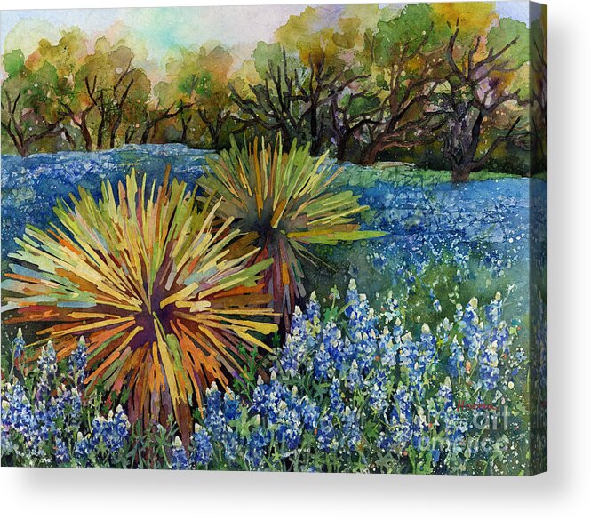 Cactus Acrylic Print featuring the painting Bluebonnets and Yucca by Hailey E Herrera