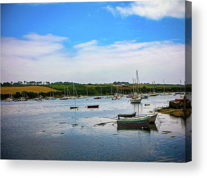 Brittany Acrylic Print featuring the photograph Boats under a blue sky by Jim Feldman