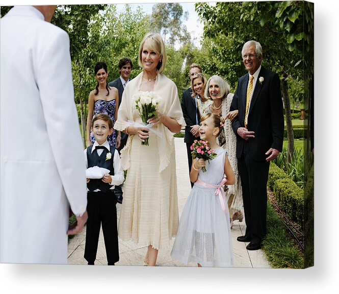 People Acrylic Print featuring the photograph Bride with wedding guests, smiling at groom by Marc Debnam