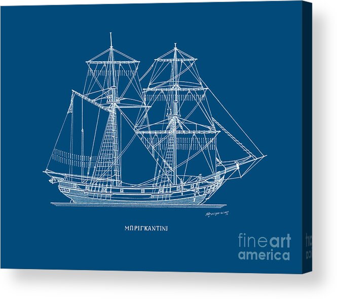 Sailing Vessels Acrylic Print featuring the drawing Brigantine - traditional Mediterranean sailing ship by Panagiotis Mastrantonis