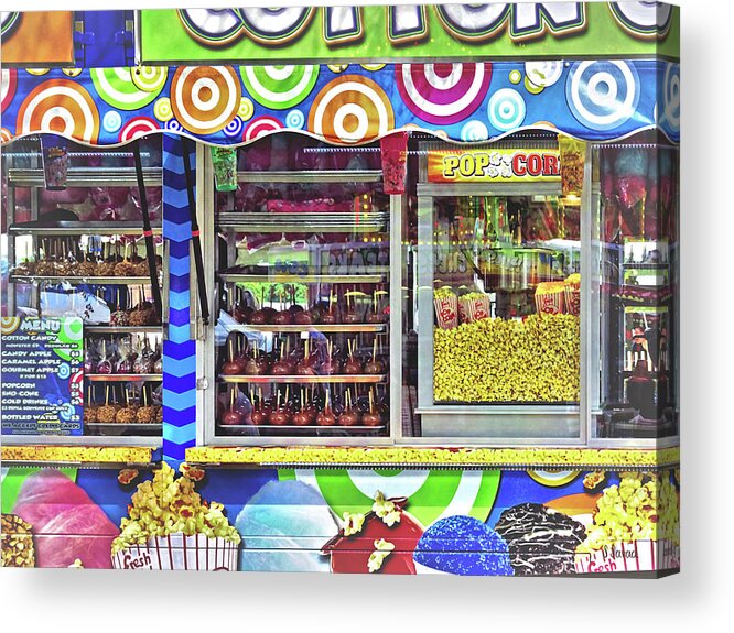 Fair Acrylic Print featuring the photograph Candy Apples and Popcorn For Sale by Susan Savad