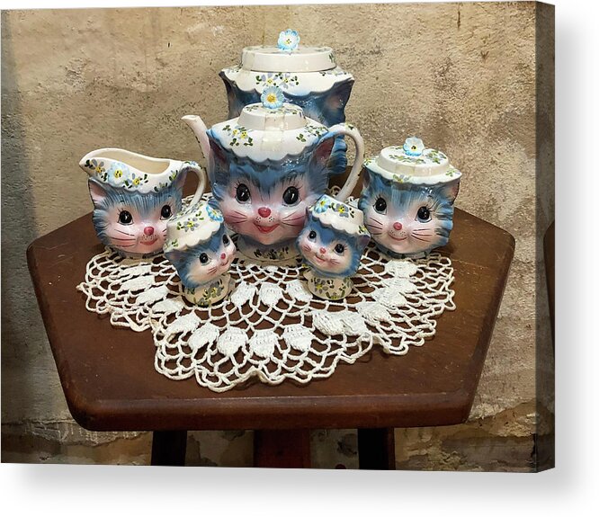 Teapot Acrylic Print featuring the photograph Cat Family Teapot by Cindy Robinson