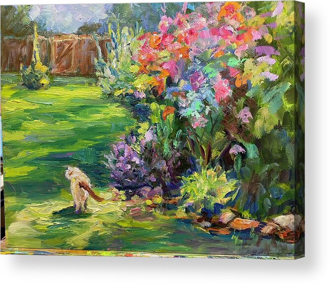 Cat Acrylic Print featuring the painting Cat in the Garden by Madeleine Shulman