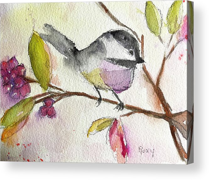 Watercolor Chickadee Acrylic Print featuring the painting Chickadee perched in a Tree by Roxy Rich