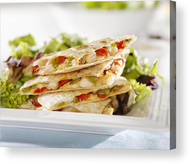 Chicken Meat Acrylic Print featuring the photograph Chicken Quesadilla with a Garden Salad by LauriPatterson
