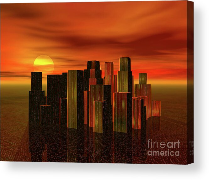 City Acrylic Print featuring the digital art City at Sunset by Phil Perkins