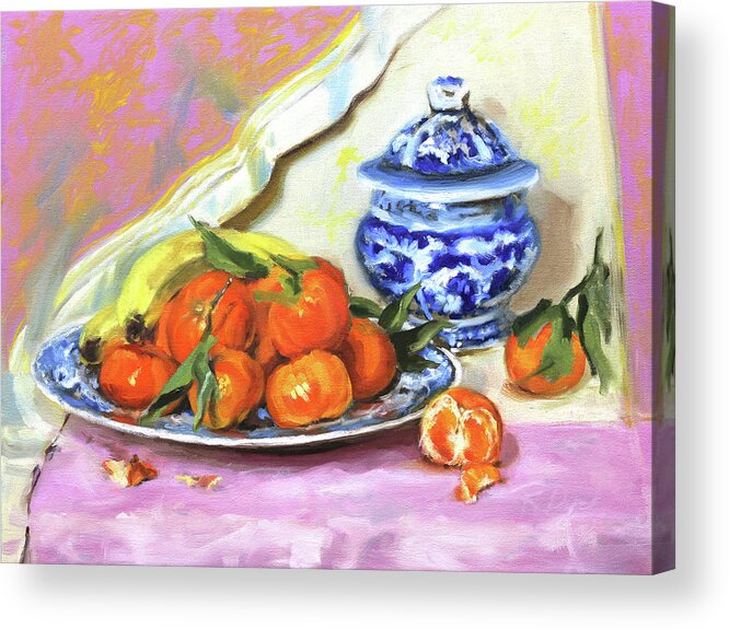 Clementines Acrylic Print featuring the painting Clementines with Leaves by Roxanne Dyer