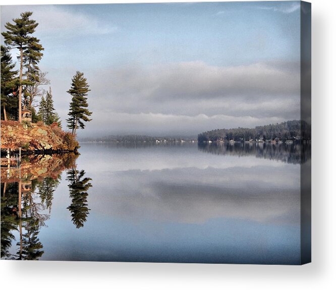 Clouds Acrylic Print featuring the photograph Clouds Gazebo and Trees Reflected on Lake by Russel Considine