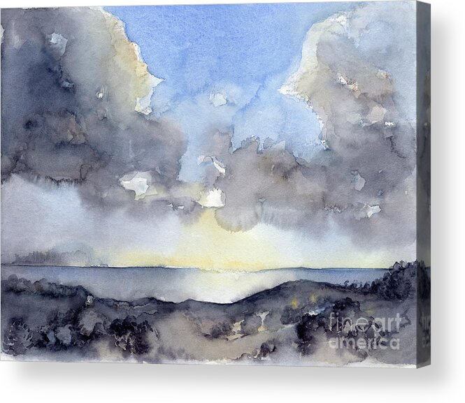 Watercolor Acrylic Print featuring the painting Clouds over the sea by Adriana Mueller