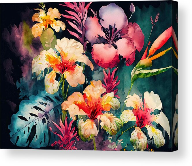 Hawaiian Flowers Acrylic Print featuring the digital art Colorful Hawaiian Garden by J Marielle