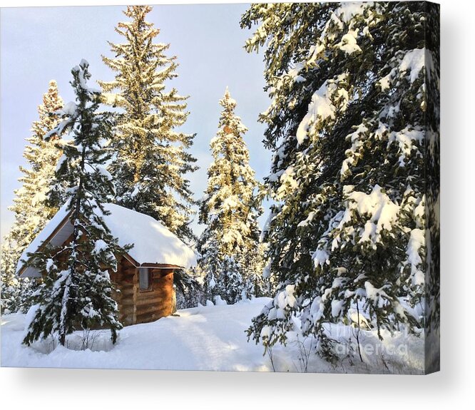 Cozy Cabin In Iconic Canadian Winter Scene. Acrylic Print featuring the photograph Cozy Cabin by Nicola Finch