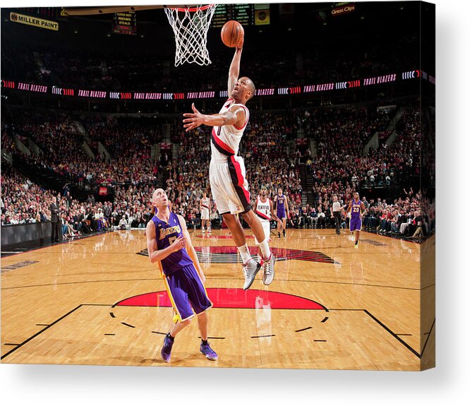 Nba Pro Basketball Acrylic Print featuring the photograph Damian Lillard and Steve Blake by Sam Forencich