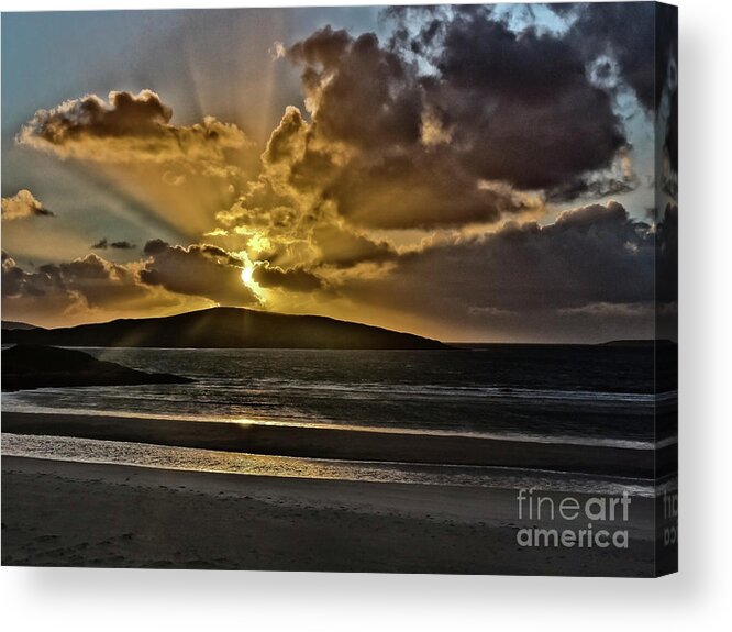 Dramatic Sunset Blue Yellow Round Sun Rays Glen Water Sea Mountain Beautiful Magnificent Stunning Serenity Solitary Nature Powerful Clouds Sky Shining Scotland Harris Highlands Mountains Setting Landscape Panorama Panoramic Breathtaking Spectacular Exciting Mindfulness Relaxing Artistic Unwinding Stylish Exceptional Singular Memorable Phenomenal Eccentric Awesome Electrifying Stimulating Intoxicating Sensational Thrilling Splendid Atmospheric Aesthetic Charming Outer Hebrides Fantastic Magical Acrylic Print featuring the photograph Dramatic sunset at sea and mountains by Tatiana Bogracheva