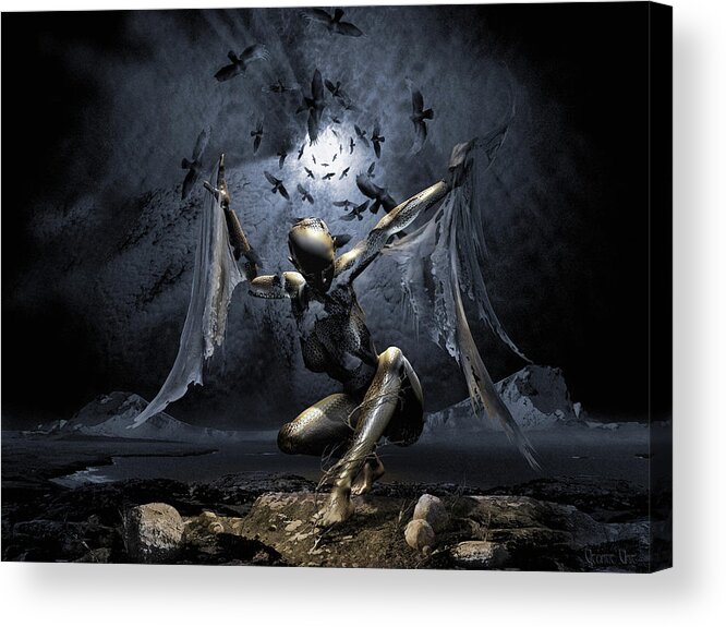 Moonlight Night Figure Body Angel Surreal Wings Landscape Snow Mountains Birds Acrylic Print featuring the digital art Dreams of Flying by George Grie