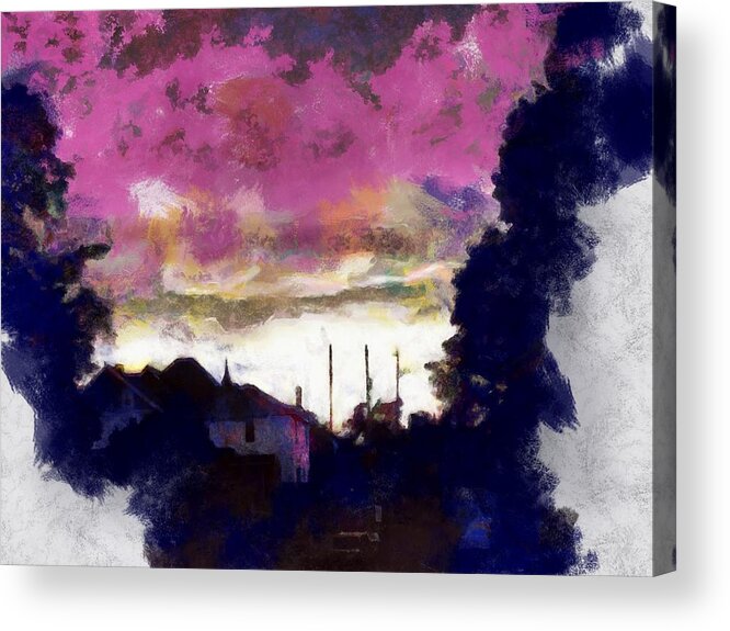 Sunset Acrylic Print featuring the mixed media Sunset Down the Block by Christopher Reed