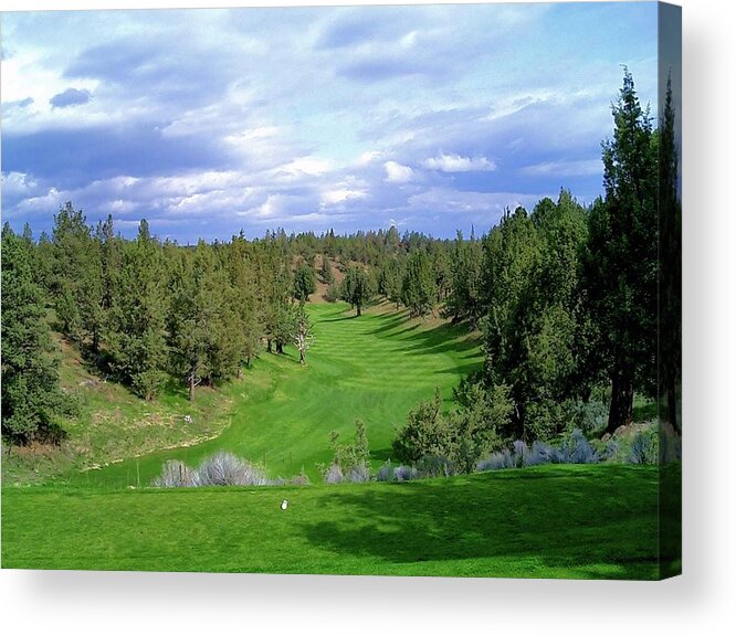 Bend Oregon Central High Desert Eagle Crest Resort Ridge Course Flag Stick Pin Green Fairway Fir Water Hilly Golfing Bunkers Pacific Northwest Public Photo Photograph Image Picture Pin Flag Blue Print Prints Shot Images Shots Second 2nd Two Redmond Canyon Number Par Four 4 Panorama Venue Course For Sale Fine Arts Art Print Prints United States Open Links Courses Overseas Bunkers Ponderosa Pines Sunset Little Deschutes River Cascades Mountains Mt. Bachelor Bachelor Sunset Trestle Three Sisters Acrylic Print featuring the photograph Eagle Crest Resort - Resort Course - Hole #2 by Scott Carda