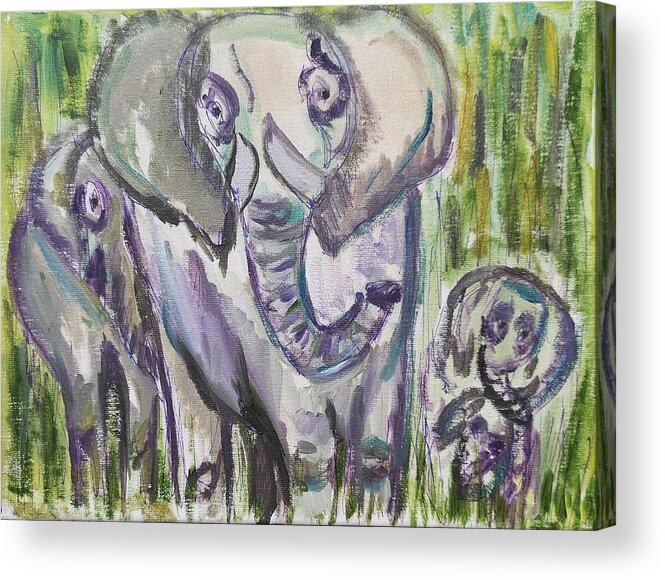 Elephants Acrylic Print featuring the painting Elephant family in abstract by Lisa Koyle