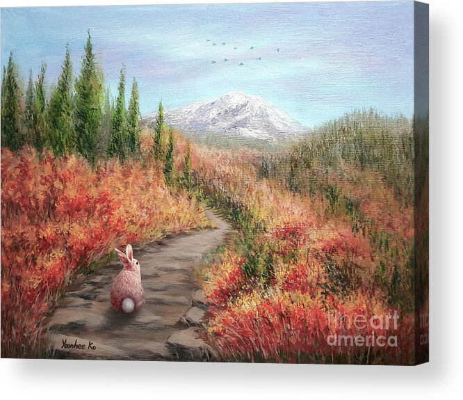 Hiking Bunny Acrylic Print featuring the painting Enter Autumn by Yoonhee Ko