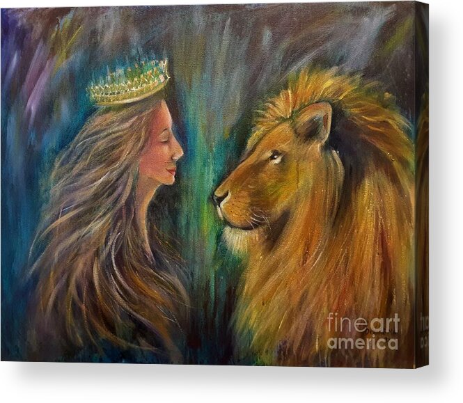 Lion Acrylic Print featuring the mixed media Face To Face by Deborah Nell