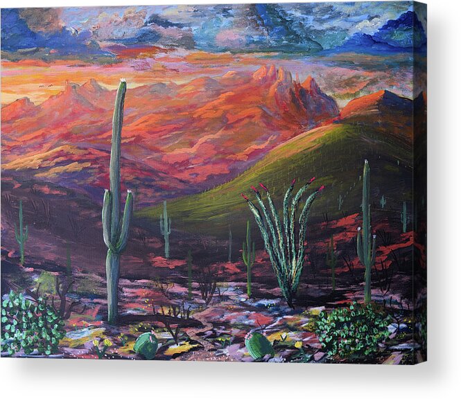 Southwest Acrylic Print featuring the painting Finger Rock Sunset, Catalina Mountains, Tucson Arizona by Chance Kafka