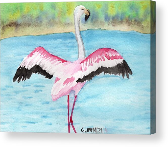 Flamingo Acrylic Print featuring the painting Flapping Flamingo by Katrina Gunn