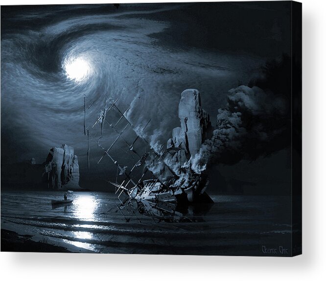 Legend Myth Saga Legend Boats Stories Fact Or Fiction Tall Tale Moonlight Vessel Yacht Phantom Flames Ocean Dark Examples Of Legends Examples Of Myths Acrylic Print featuring the digital art Ghost ship series The birth of the legend by George Grie