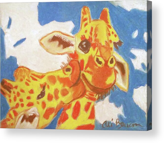 Giraffe Acrylic Print featuring the pastel Two Giraffes, One Giraffe is Kissing Another on its Cheek by Ali Baucom