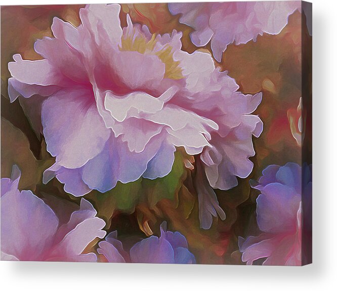 Gossamer Acrylic Print featuring the mixed media Gossamer Peonies in Pink Violet and Orange by Lynda Lehmann