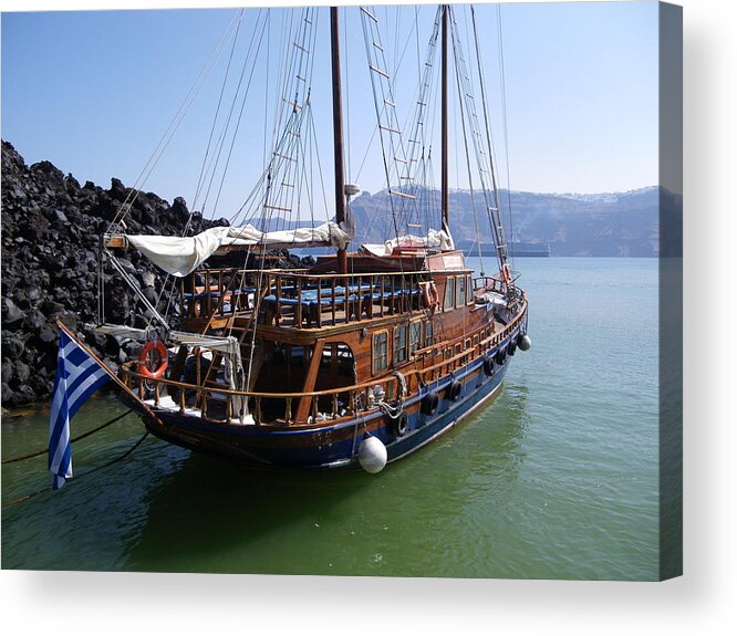 Nea Kameni Acrylic Print featuring the photograph Greek ship at Nea Kameni by Lisa Mutch