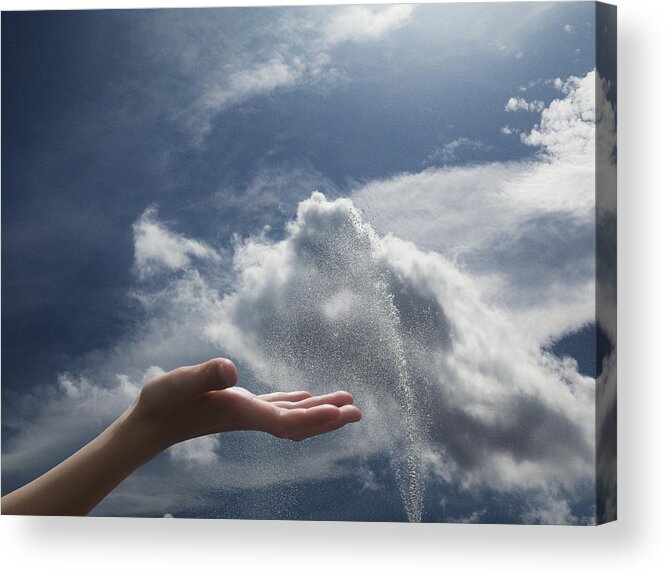 Environmental Conservation Acrylic Print featuring the photograph Hand of girl in the sky with fountain by Hiroshi Watanabe